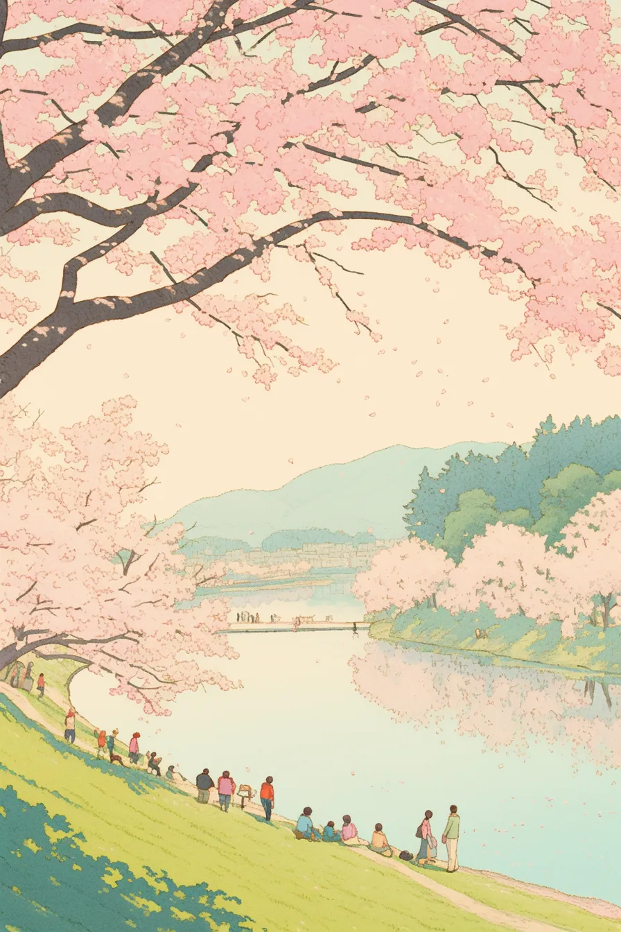 春の絵 川辺に咲く桜と人々｜淡いトーンと奥行き感が強調された春の絵。水面に映る桜と人々が温かな雰囲気を演出し、観光やイベント紹介に適した写真素材風のデザインです。