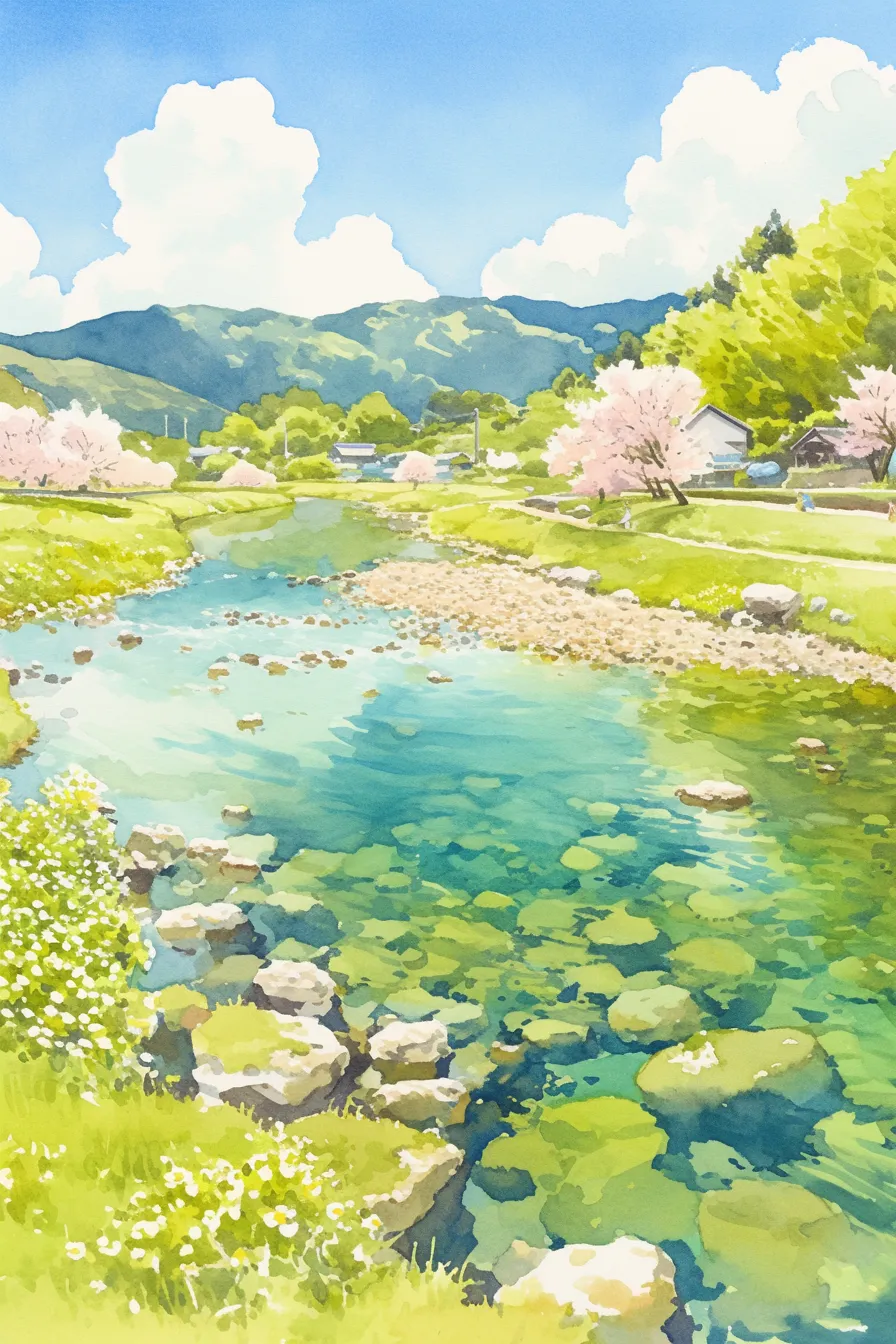 春の絵 清流と桜の風景｜透明感のある水彩画調で仕上げられた春の絵。清らかな川と桜が調和し、ナチュラルで爽やかな雰囲気を持つビジネス向けの季節イメージ素材です。