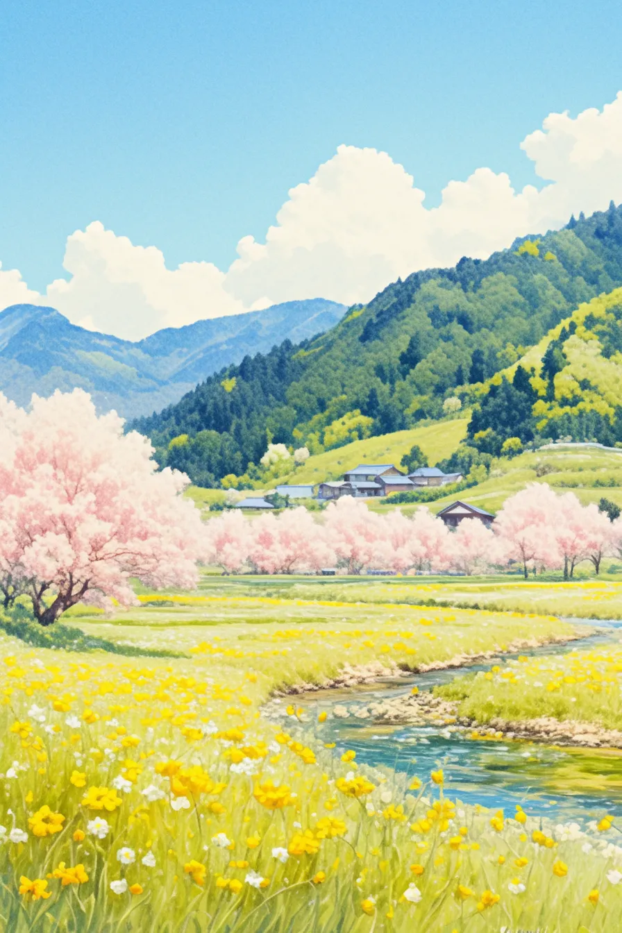 春の絵 山里に広がる桜並木｜写実的な色彩と穏やかな構図が特徴の春の絵。自然と調和する桜並木が心地よさを表現し、地方観光や環境関連の素材に活用できるスタイルです。