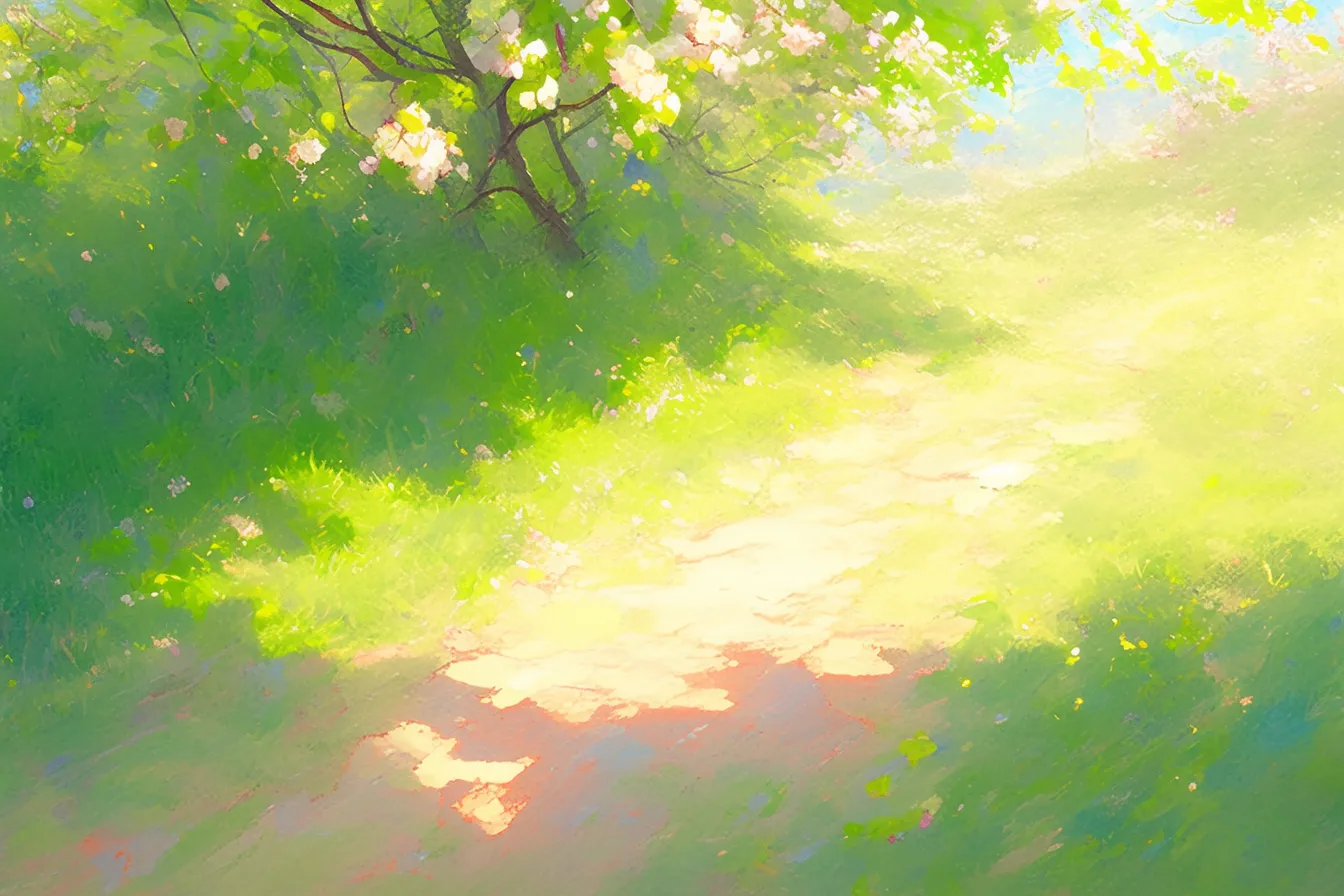 春の絵 木漏れ日の小径｜柔らかい筆致と光の表現で印象的に描かれた春の絵。木漏れ日の効果が温もりを強調し、ライフスタイルや広告に適するナチュラルな雰囲気です。