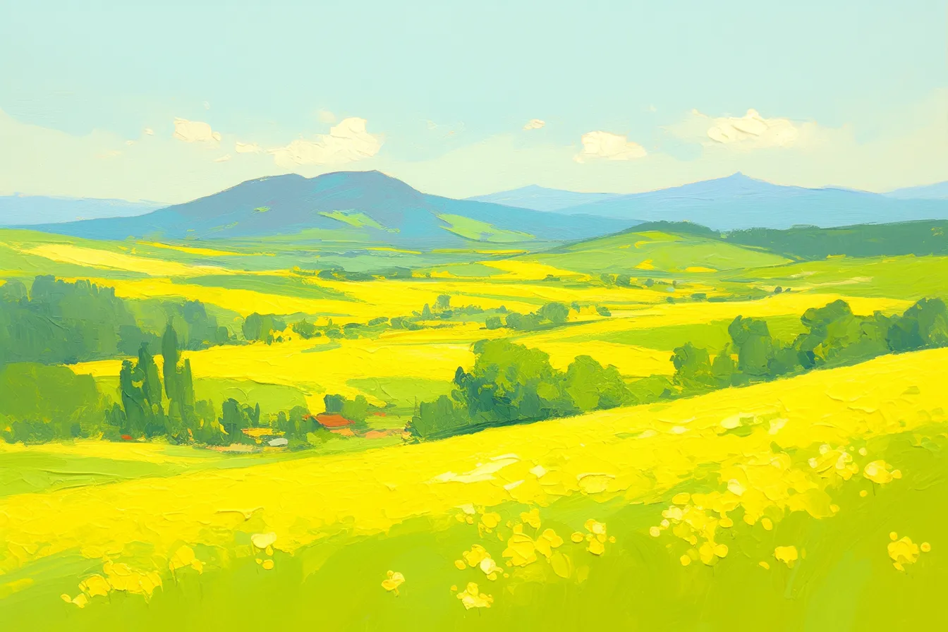 春の絵 黄色の花畑と丘陵風景｜油絵風のタッチで力強く表現された春の絵。鮮やかな黄色が印象的で、地域紹介や商品パッケージに適した活気ある雰囲気を持っています。