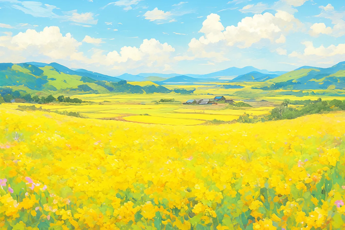 春の絵 菜の花畑と青空｜明るく澄んだ色調が特徴的な春の絵。広がる菜の花畑と青空が爽快感を与え、観光や季節感を表現するビジネス素材にふさわしい仕上がりです。