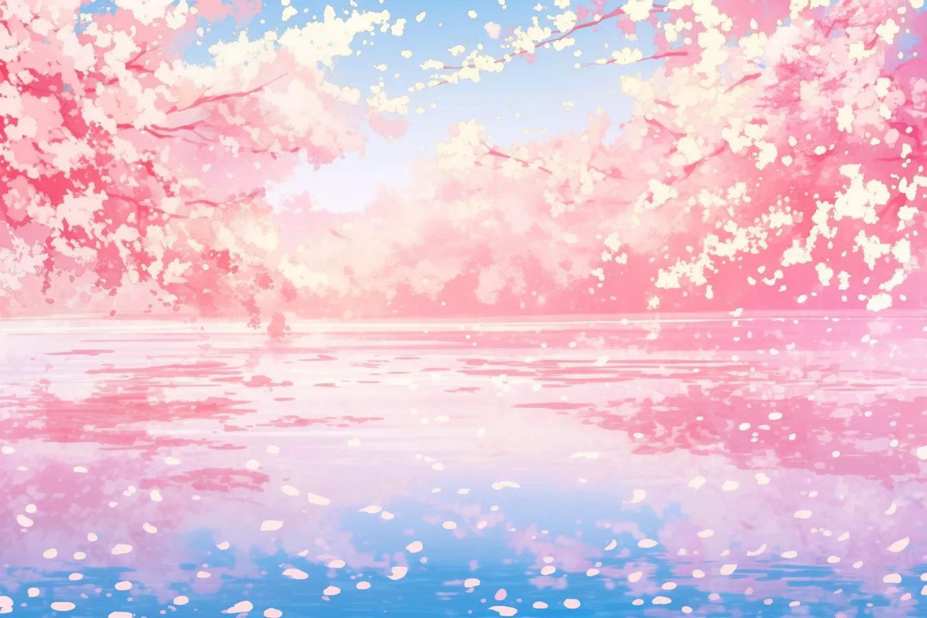 春の絵 水面に映る桜の情景｜デジタルペイント調で鮮やかに表現された春の絵。水面に広がる桜の反射が華やかで、ビジネスシーンに季節感を添える素材として活用できます。