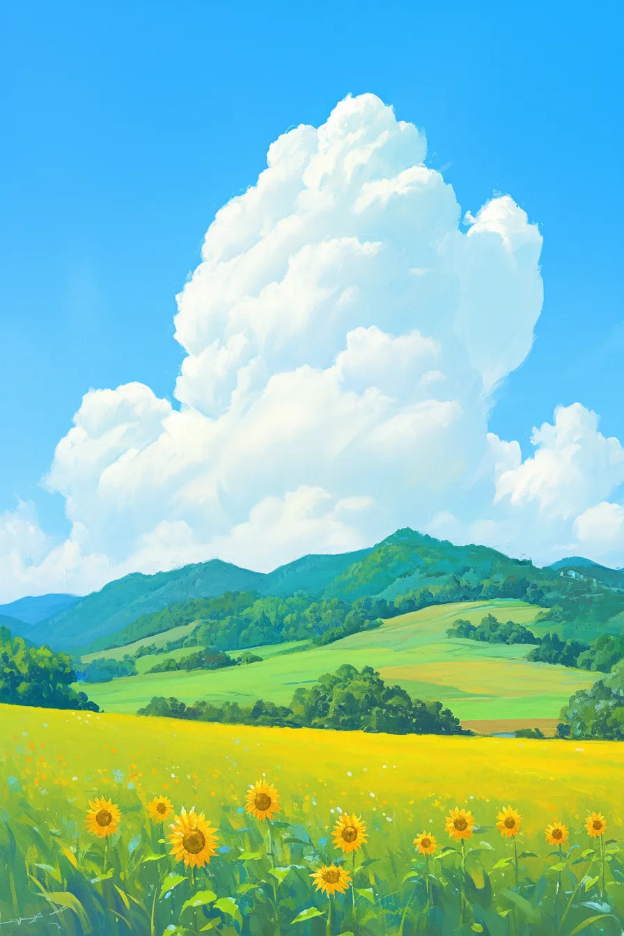 夏の絵 向日葵と入道雲の風景｜鮮やかな青空と大きな雲が印象的な夏の絵。ひまわり畑が広がり、エネルギッシュで爽快感のある素材として季節のプロモーションに適しています。