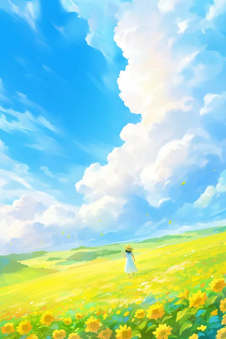 夏の絵 ひまわり畑を歩く女性｜光に包まれた柔らかなタッチが特徴の夏の絵。広大なひまわり畑と女性の姿が印象的で、ライフスタイルや観光関連の素材として活用しやすいです。