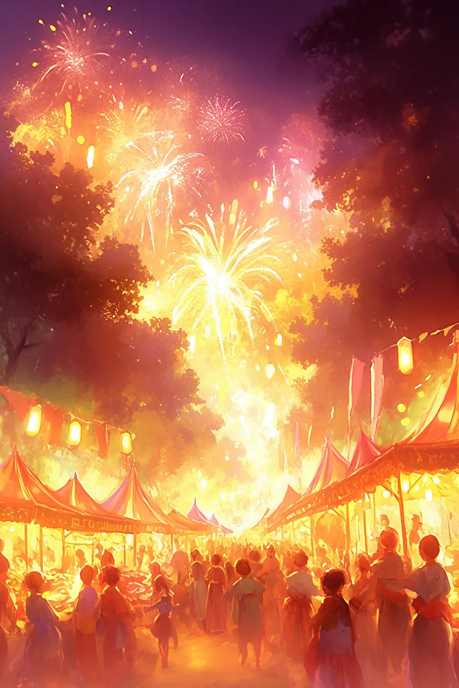 夏の絵 夜祭りと花火の情景｜炎のような色彩で花火と夜祭りを描いた夏の絵。活気ある人々の様子と光の表現が迫力を生み、イベントや広告に映える華やかな素材です。