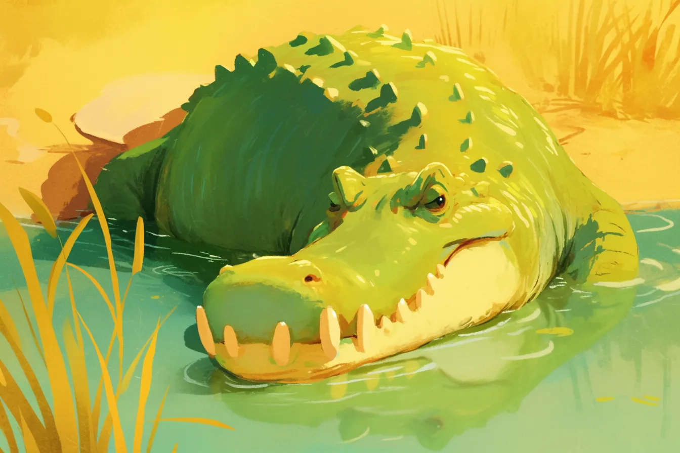 かわいらしいワニの絵｜柔らかな配色で水辺にたたずむワニを描き、ユーモラスな表情が印象的な作品。ワニの絵として教育現場や子供向けの資料、親しみやすいデザインを求めるビジネスに活用可能です。