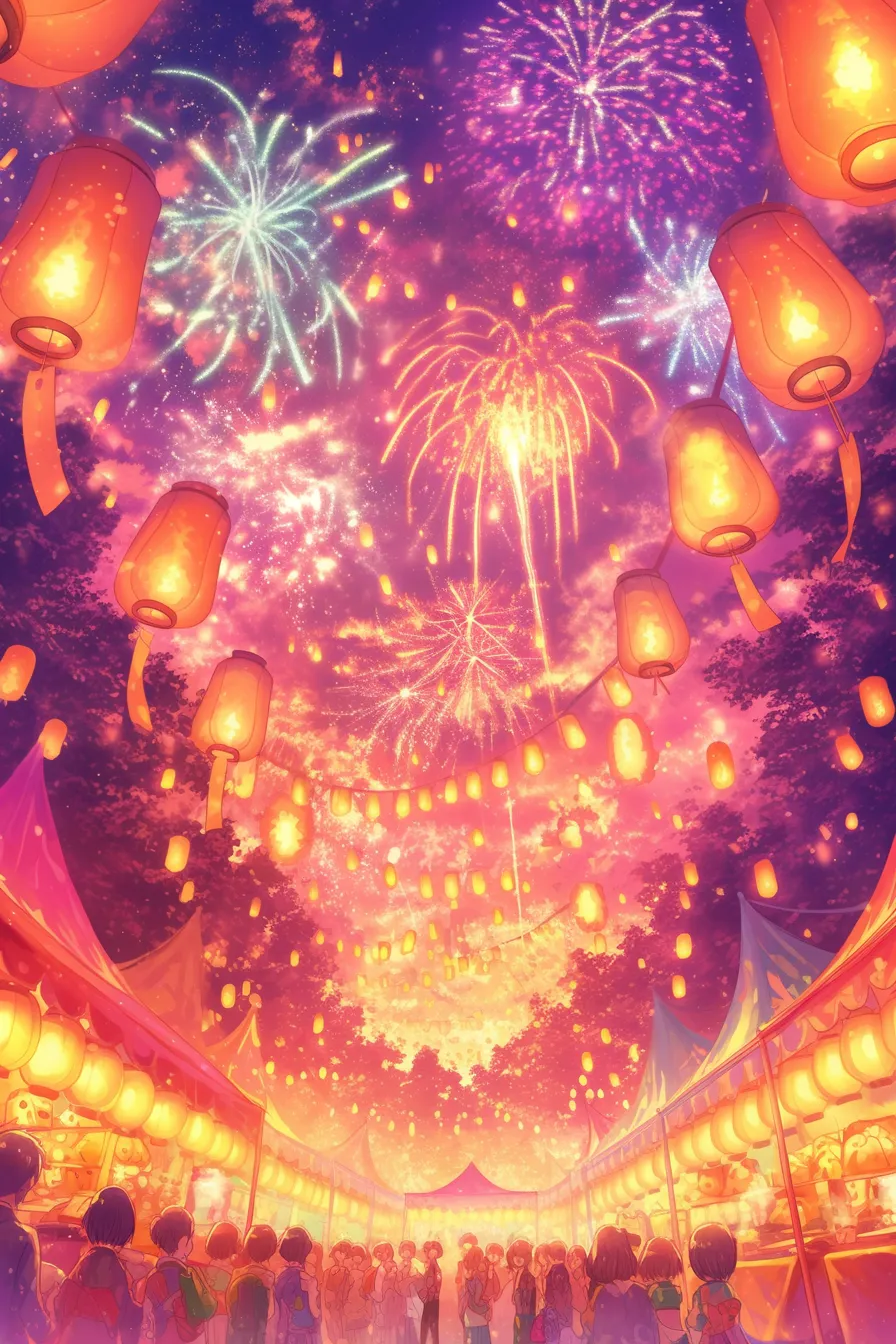 夏の絵 提灯と花火が彩る祭り｜鮮やかな提灯と花火が幻想的に広がる夏の絵。鮮烈な色彩が臨場感を引き出し、夏祭りの雰囲気を伝える販促やデザインに最適です。