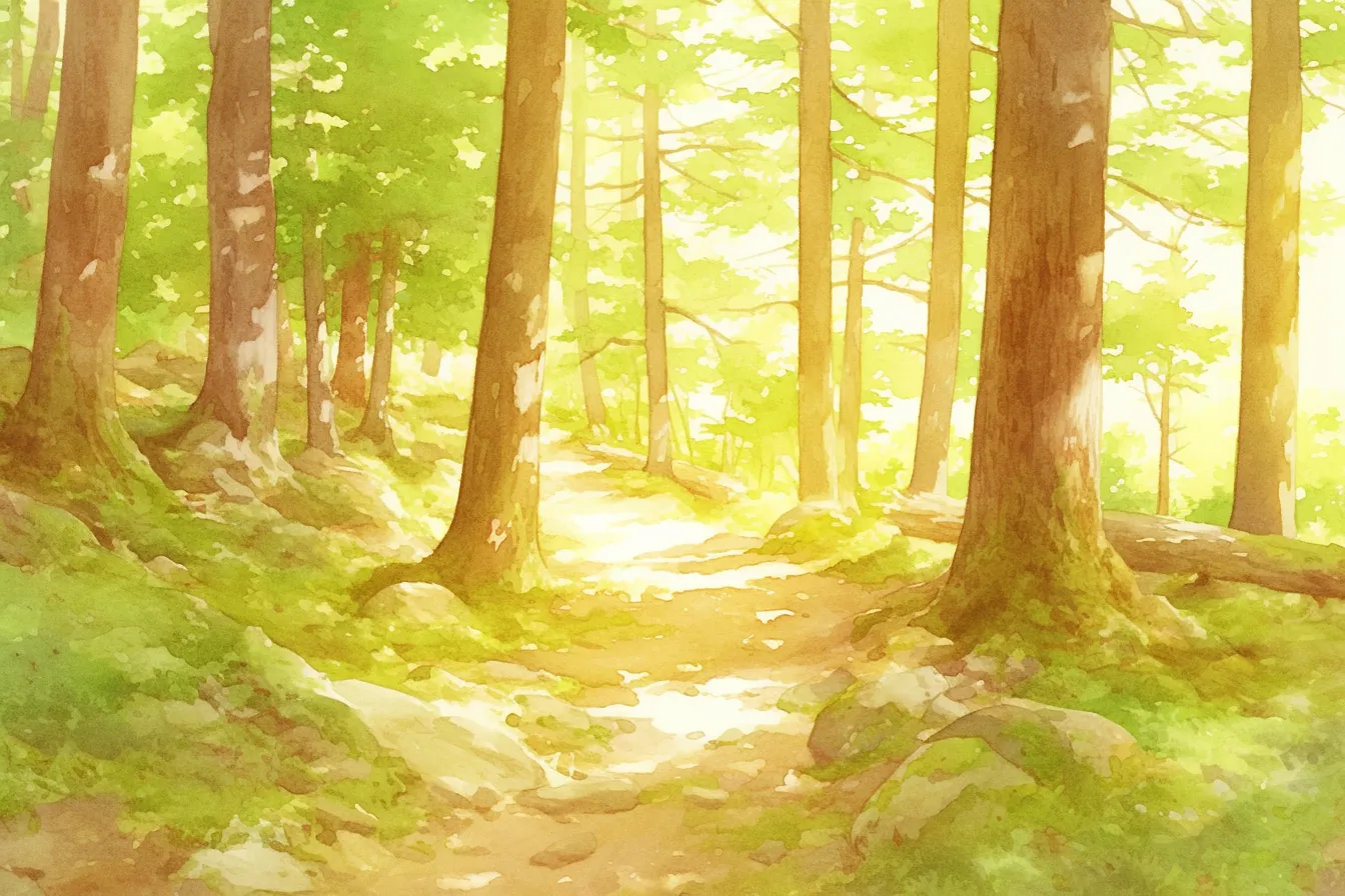 夏の絵 森の木漏れ日の小径｜水彩調の柔らかな色使いで森を描いた夏の絵。木漏れ日が差し込む穏やかな風景は、ナチュラルで落ち着いた雰囲気を持つ素材として活用可能です。