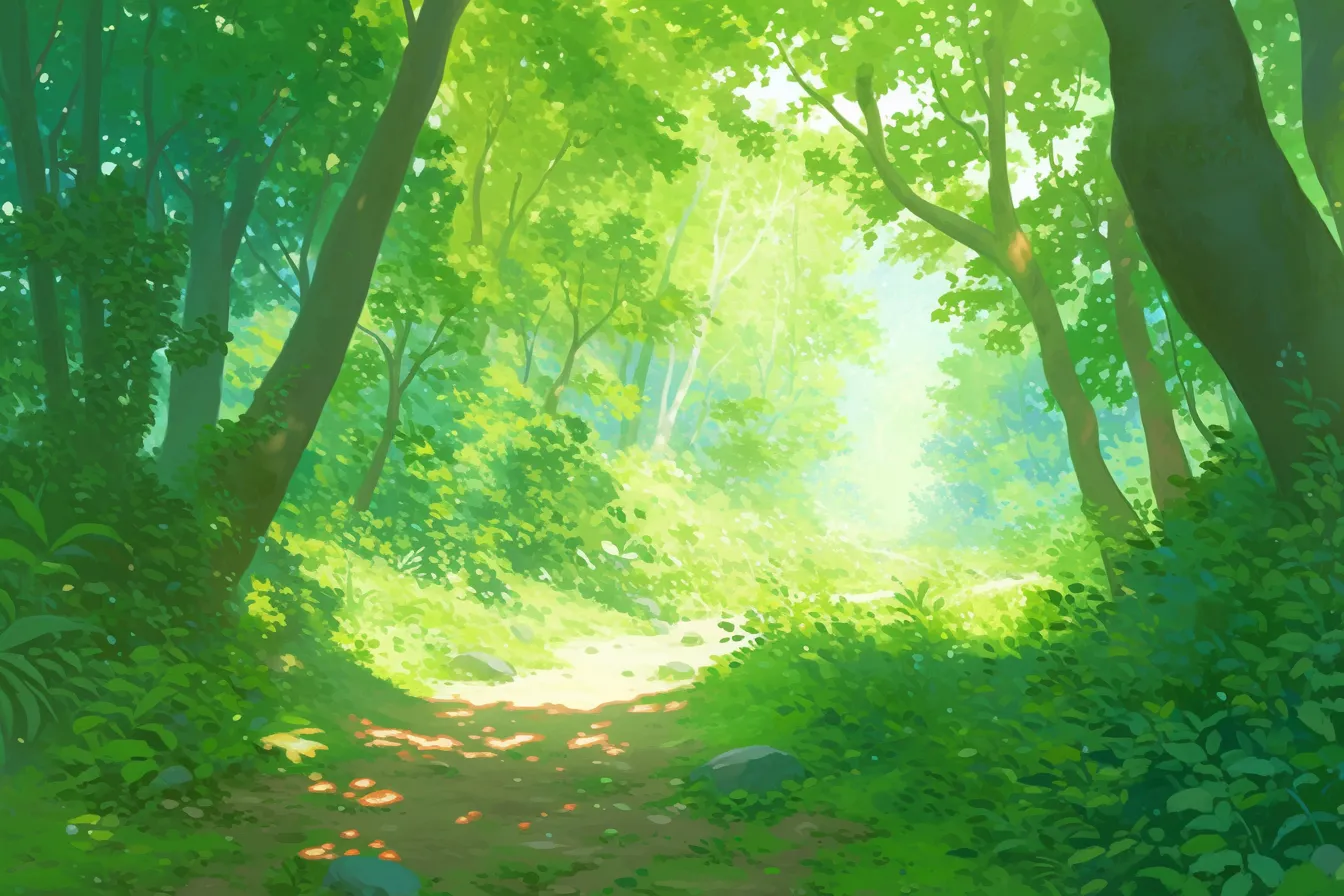夏の絵 緑に包まれた森の道｜鮮やかな緑を強調した光あふれる夏の絵。木々の間を抜ける光が清涼感を与え、自然や環境関連のテーマに適したビジネス素材です。
