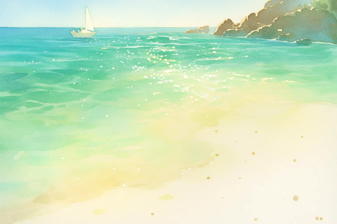 夏の絵 砂浜とヨットの景色｜透明感のある水彩画風で描かれた夏の絵。砂浜に光が反射し、ヨットが漂う風景が爽やかさを演出し、旅行やリゾート関連の素材に適しています。