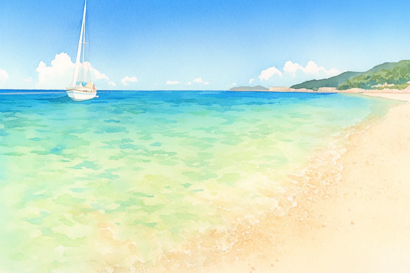 夏の絵 海辺に浮かぶヨット｜明快な色彩で海と砂浜を描いた夏の絵。澄んだ海と浮かぶヨットがリゾート感を表現し、観光や季節キャンペーンに利用しやすい爽快な素材です。