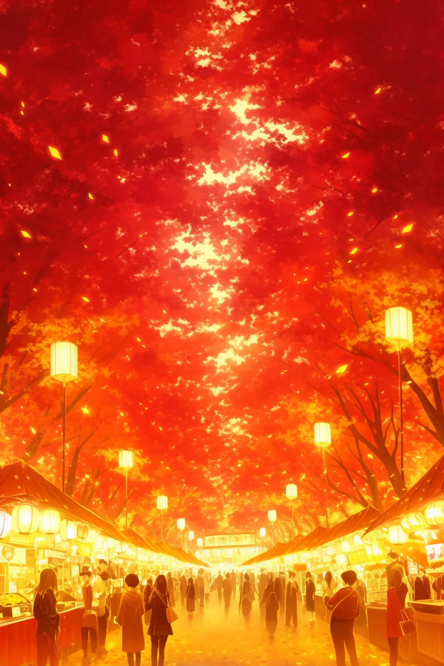 秋の絵 紅葉と夜祭りの露店風景｜鮮やかな紅葉の赤を背景にした秋の絵。提灯の灯りと人々の賑わいが調和し、イベントや地域プロモーションのデザインに活用できます。