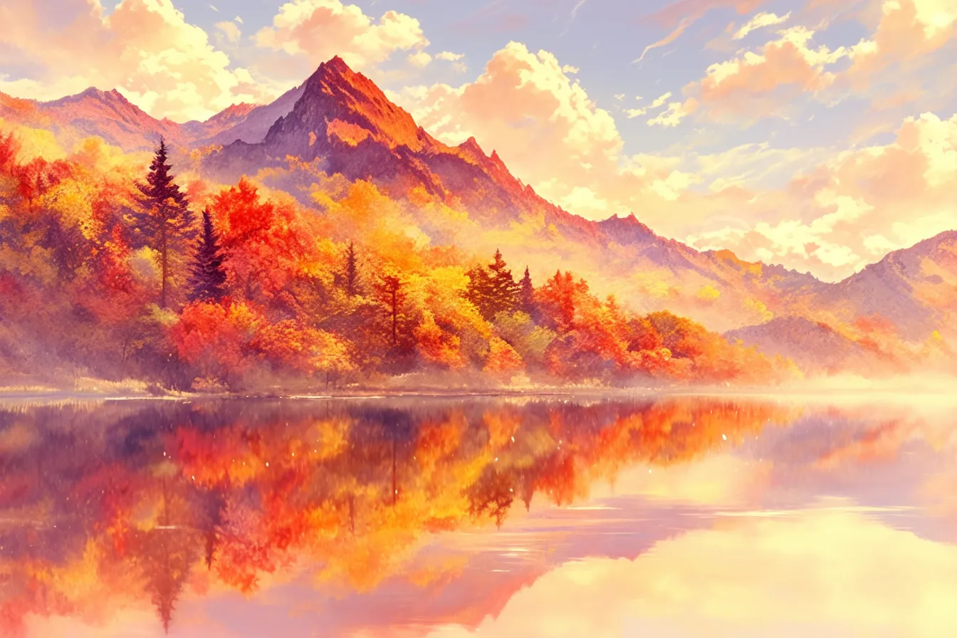 秋の絵 山と湖に映る紅葉風景｜雄大な山々と湖面に映る紅葉を描いた秋の絵。写実的な光と色彩が印象的で、観光や自然関連のビジネス素材にふさわしい表現です。