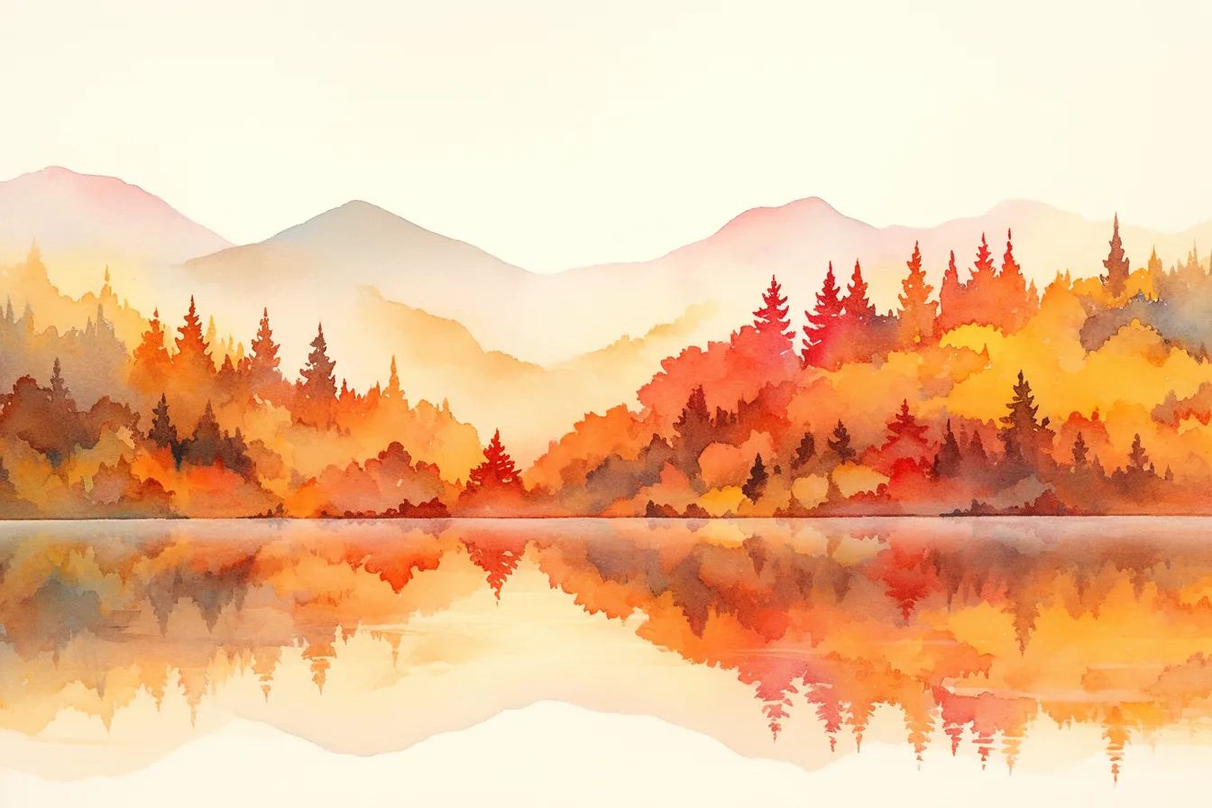 秋の絵 水彩で描く紅葉の山並み｜淡いタッチで山と湖を描いた秋の絵。柔らかな色彩が静けさを伝え、パンフレットやカレンダーに利用しやすい落ち着いた印象を持ちます。