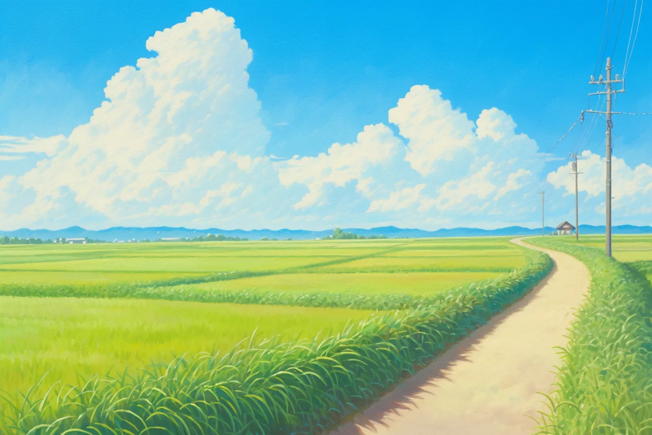 秋の絵 青空と田園風景の稲穂｜広がる稲穂と青空が描かれた秋の絵。爽やかで清涼感のあるタッチが特徴で、農業や地域の魅力発信に効果的なビジネス素材です。