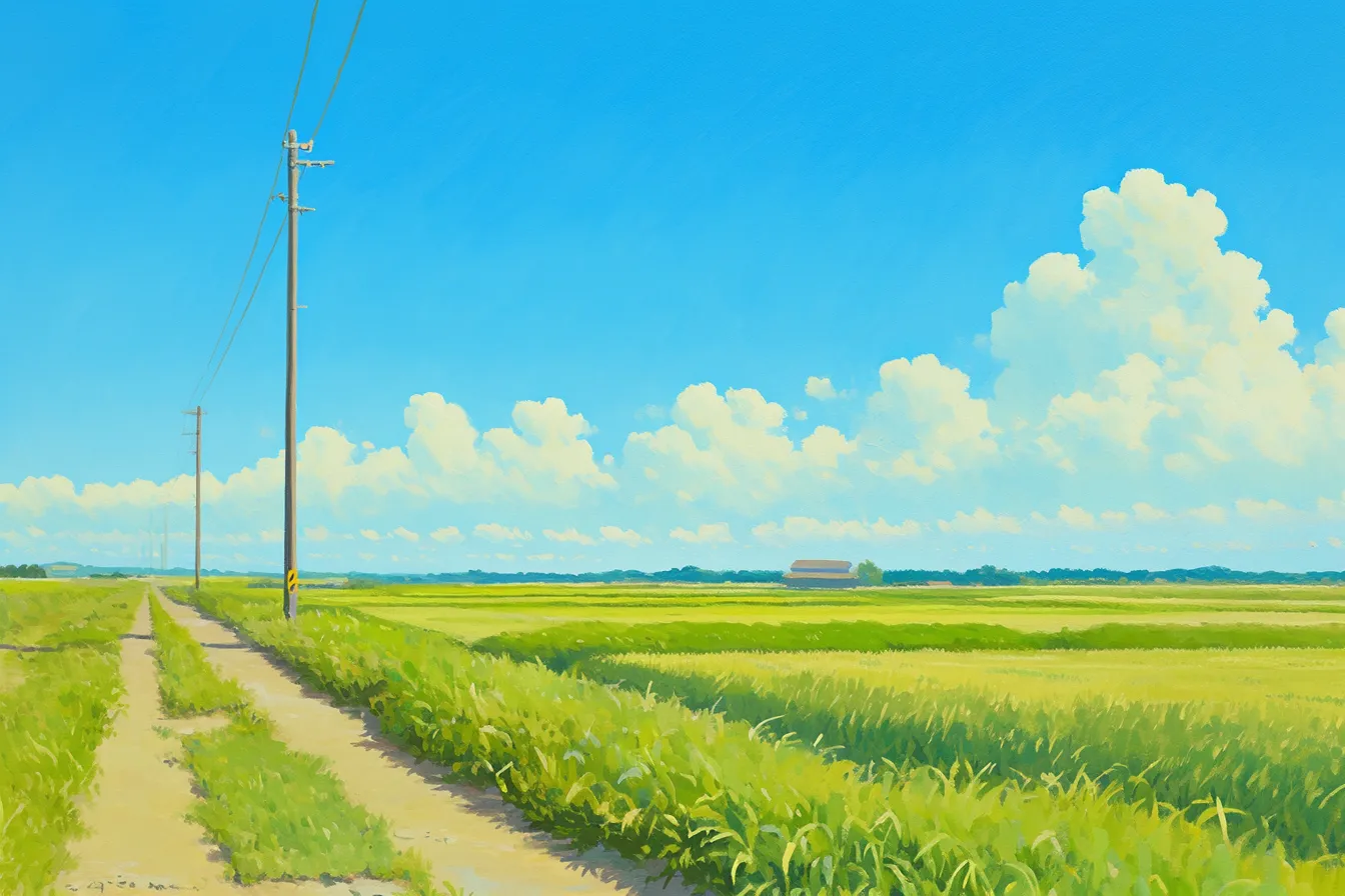 秋の絵 収穫期の稲田と道の風景｜明るい青空と稲田が広がる秋の絵。緑から黄金色に移る稲が描かれ、自然や食に関する広告に使いやすい素材です。