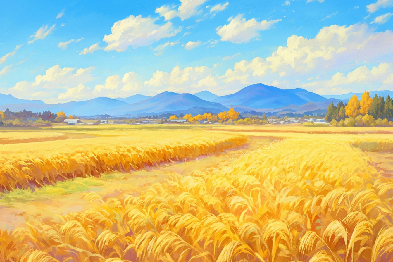 秋の絵 黄金色に広がる田園風景｜力強い筆致で稲田を描いた秋の絵。鮮やかな黄金色の広がりが豊かさを象徴し、企業広告や季節キャンペーンに活用しやすい素材です。