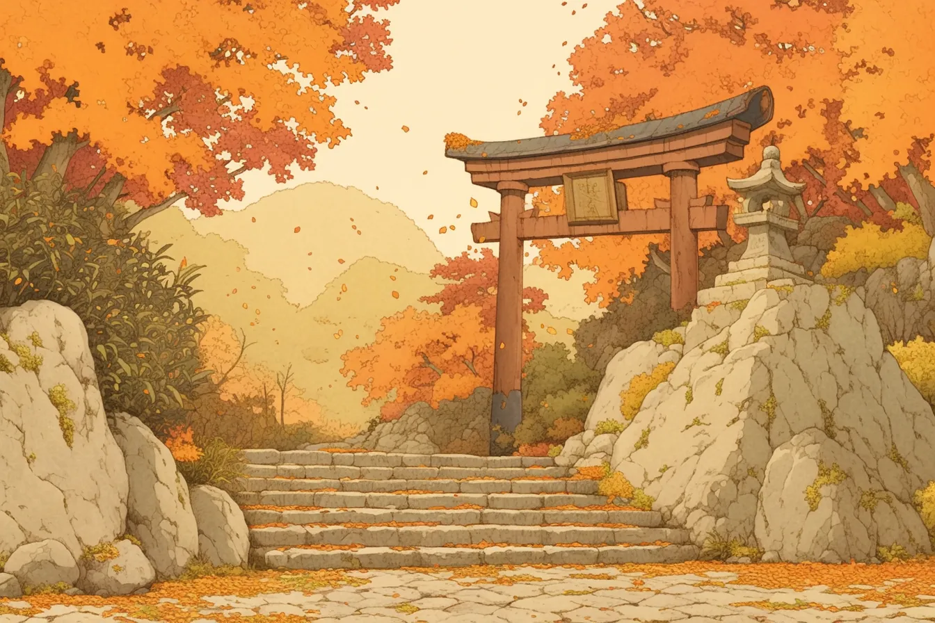 秋の絵 紅葉に囲まれた神社の鳥居｜岩肌と鳥居、紅葉を組み合わせた秋の絵。重厚感のある構図が伝統的な雰囲気を表現し、観光や文化紹介の素材として適しています。
