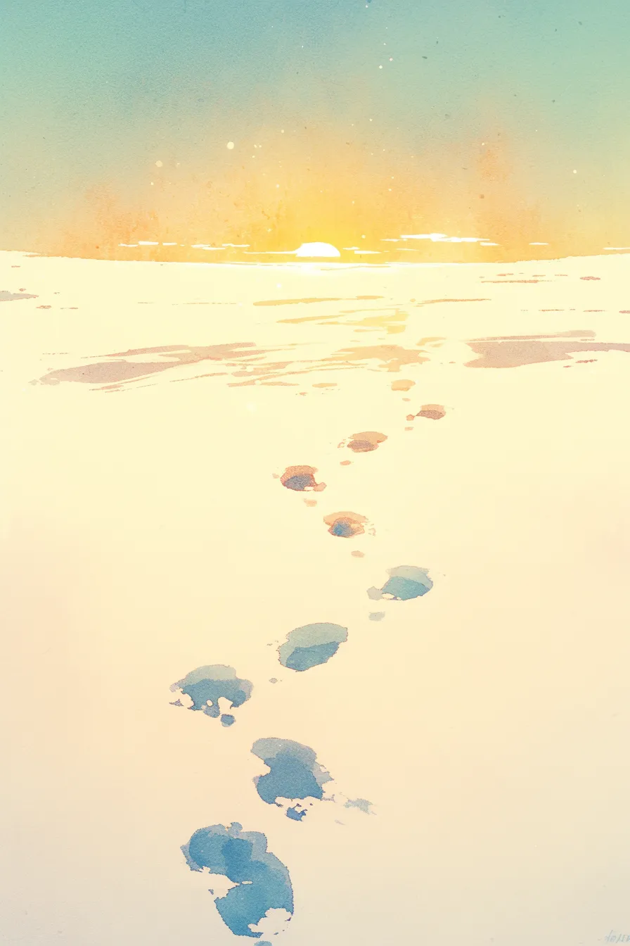 冬の絵 雪原に残る足跡と朝日｜柔らかな水彩タッチで描かれた冬の絵。雪原に続く足跡と昇る朝日が静寂と希望を表現し、広告やカレンダー素材に最適です。