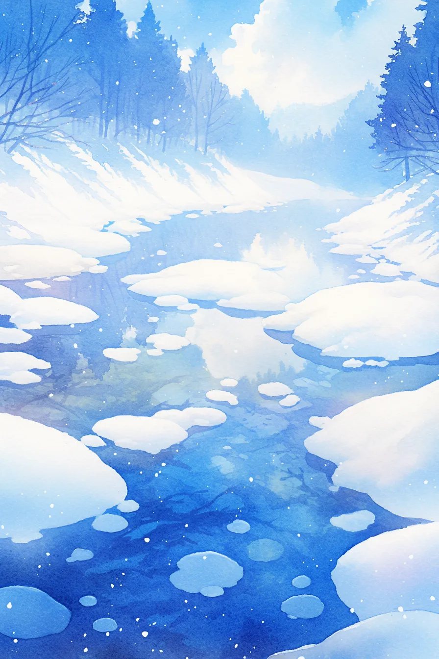 冬の絵 雪景色の川と木々｜透明感のあるブルーが印象的な冬の絵。川面に浮かぶ雪と木々のシルエットが清涼感を与え、観光や自然関連の素材に適しています。