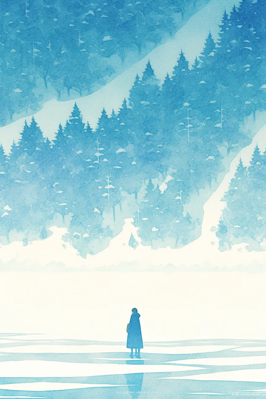 冬の絵 雪山を背景に立つ人物｜シンプルな構図で孤独感を演出した冬の絵。広大な雪原と人物の対比が印象的で、ポスターや書籍カバーに活用できるデザインです。