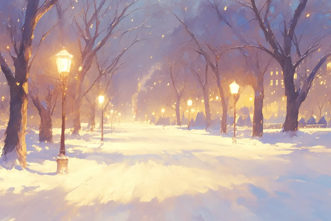 冬の絵 街灯に照らされた雪道｜油彩風の筆致で温かみを表現した冬の絵。街灯の光が雪を優しく照らし、都市のロマンチックな雰囲気を伝える販促素材に適します。