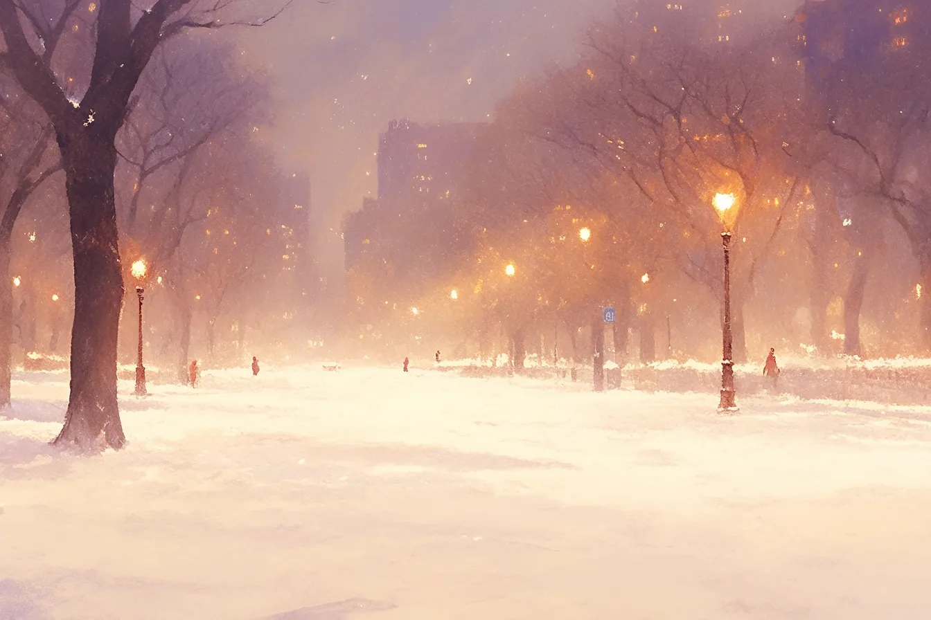 冬の絵 雪降る都市公園の夜景｜淡い色彩で雪の静けさを描いた冬の絵。街灯と建物の灯りが調和し、季節感を演出する広告やパンフレットに活用しやすい素材です。