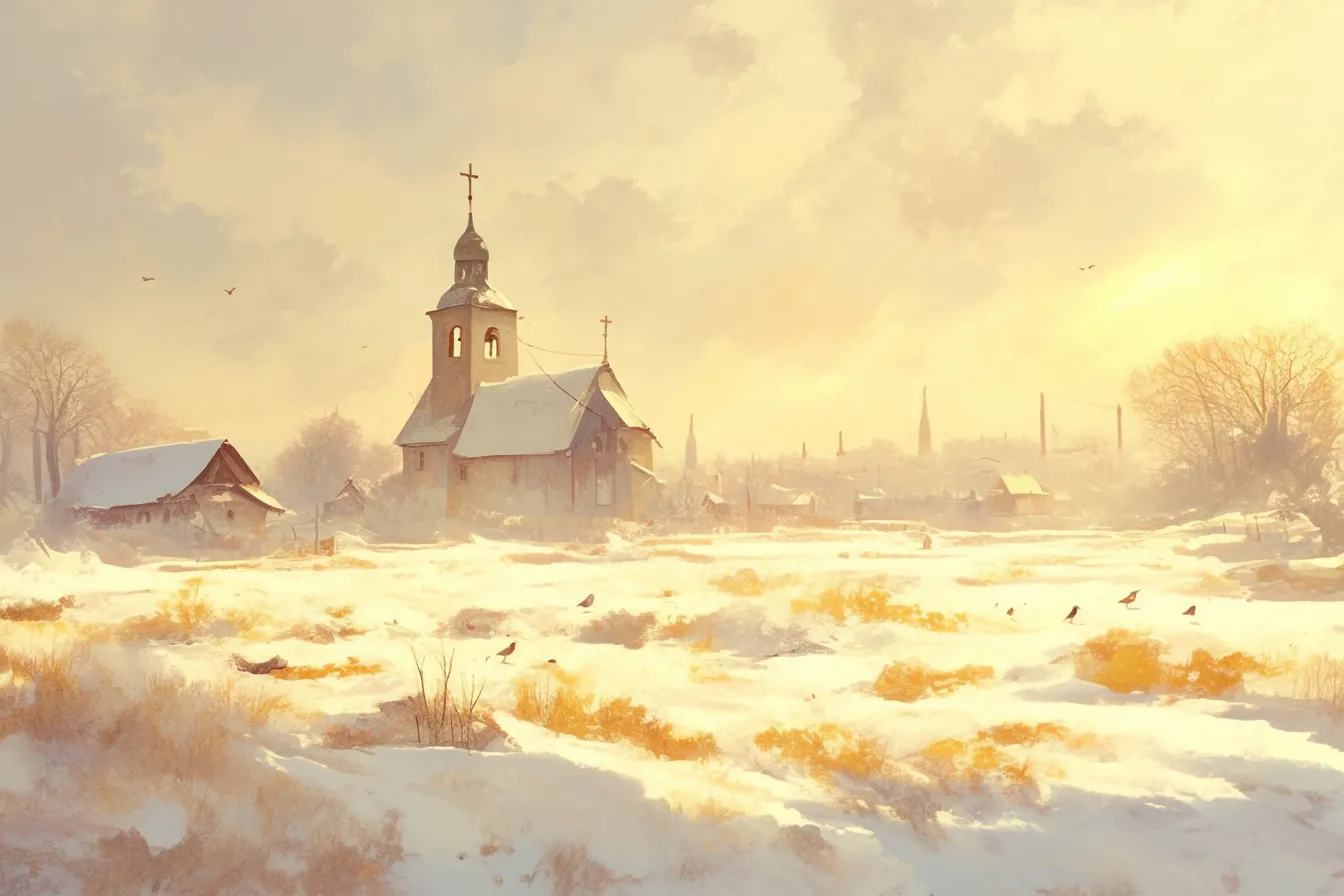 冬の絵 教会と雪景色の村｜光を強調した表現が特徴的な冬の絵。雪に包まれた教会と村の景観が温もりを伝え、観光や地域紹介に適したイメージ素材です。