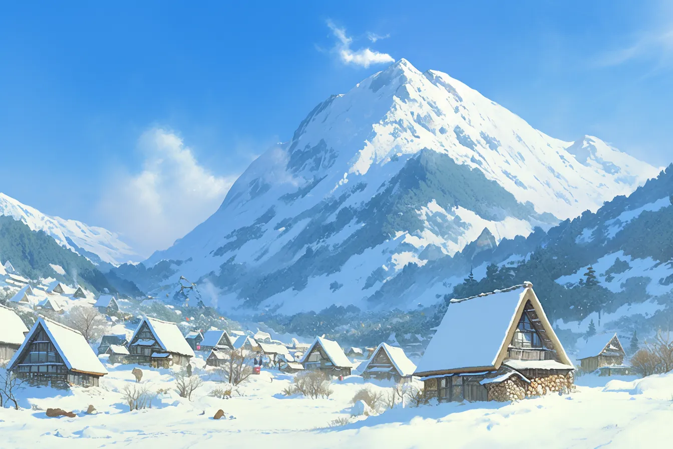 冬の絵 山岳と雪景色の集落｜青空と雪山を背景に描かれた冬の絵。山岳の雄大さと集落の調和が鮮やかで、旅行や地域キャンペーンに効果的な素材です。