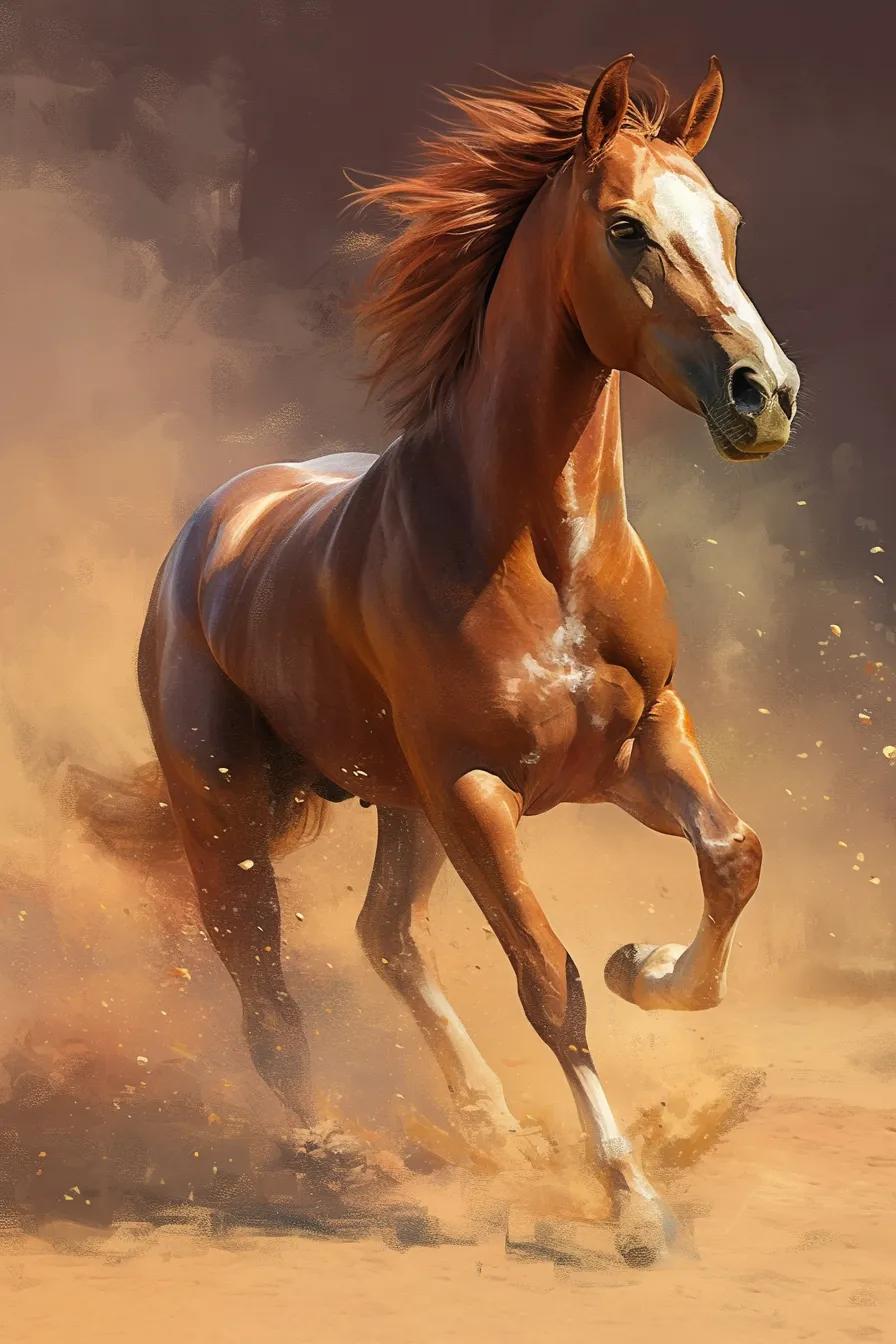 躍動感ある茶色の馬の絵｜力強く走る姿を描いた馬の絵は、エネルギッシュな雰囲気を伝えます。ビジネス写真素材としては活力や前進を象徴し、ポスターや広告においてインパクトのある表現が可能です。