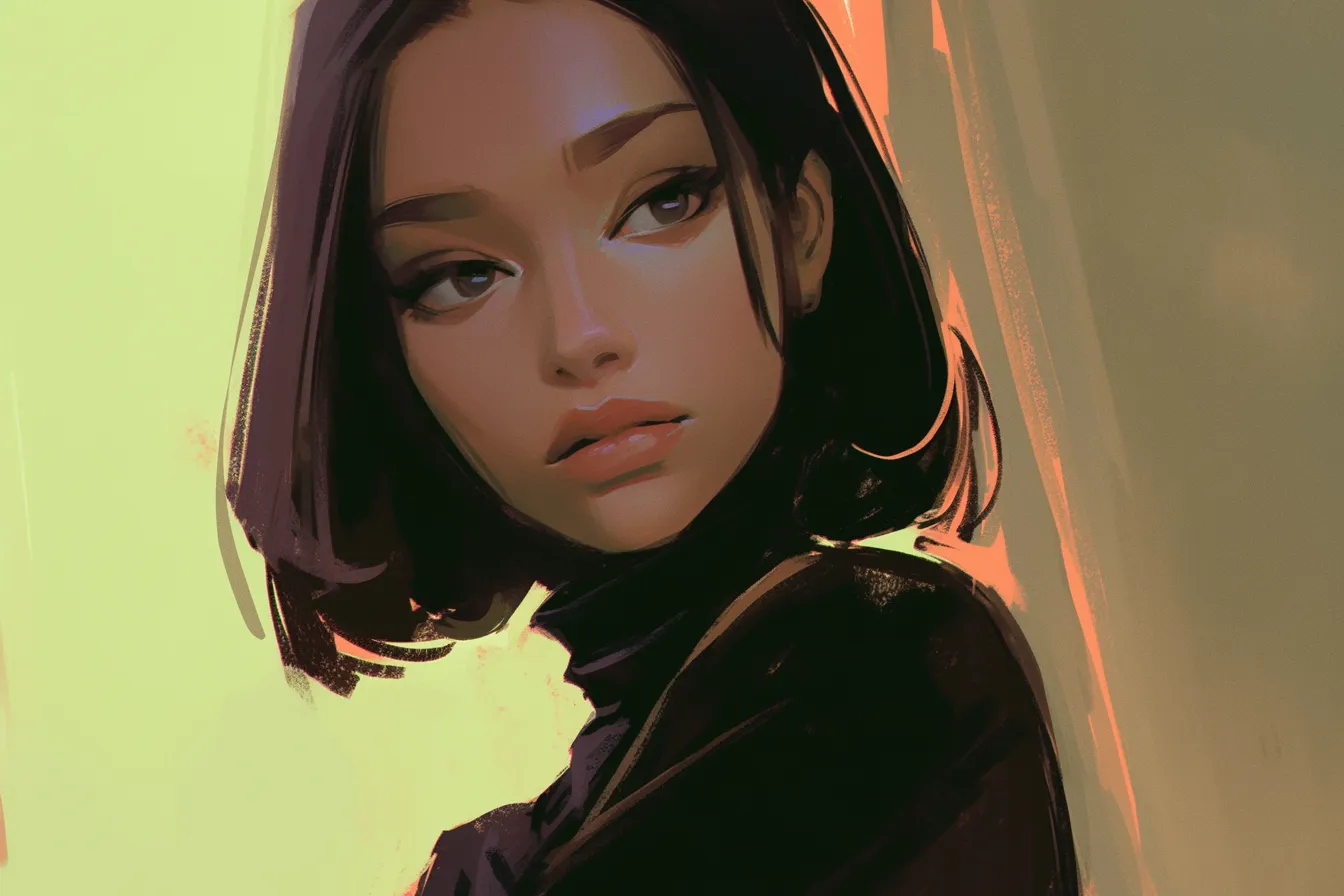 振り返る女性の顔の絵｜落ち着いた色調と鋭い視線が印象的な顔の絵です。洗練された雰囲気を持ち、ファッションや高級感を演出するビジネスシーンに有効です。