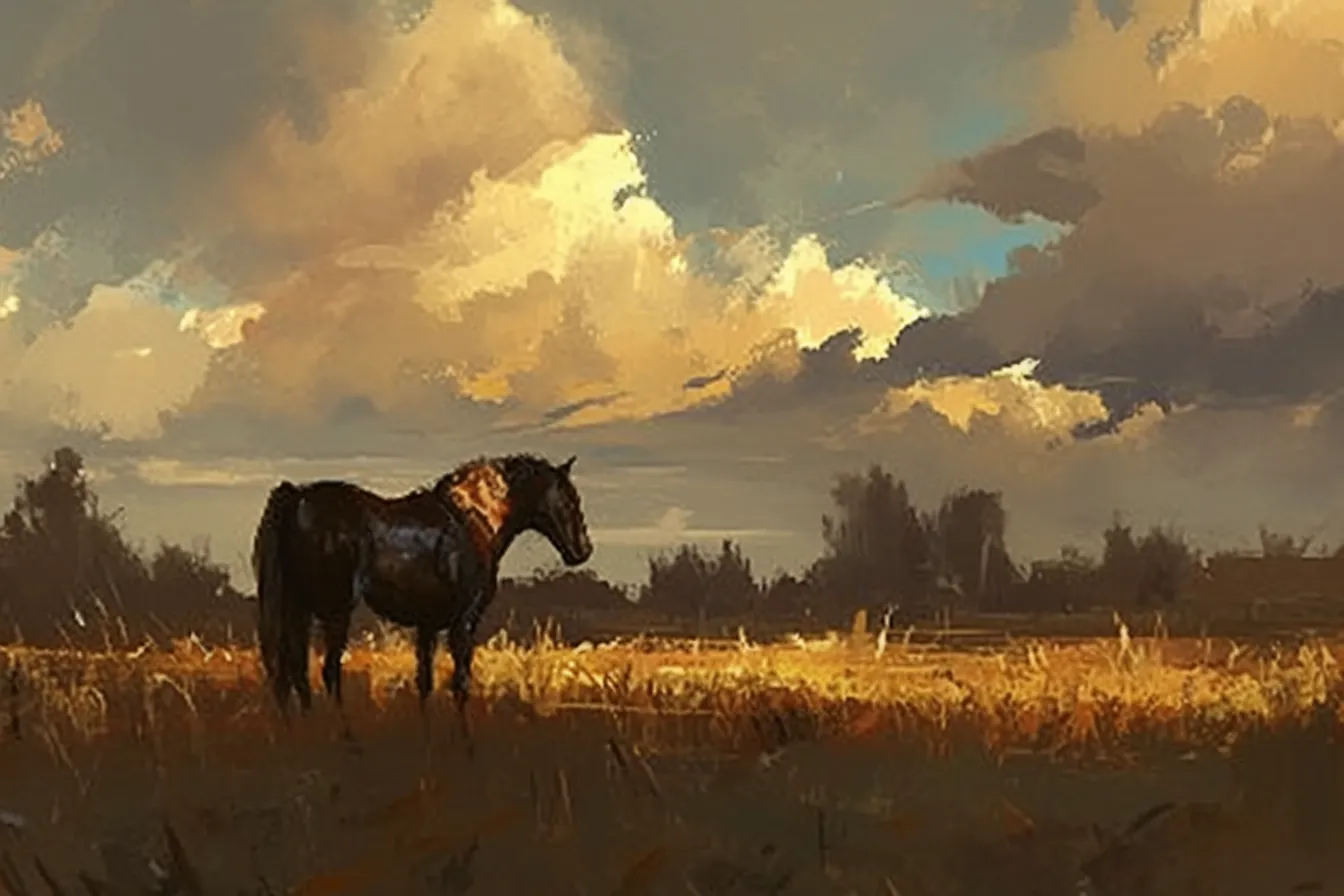 夕暮れの草原にいる馬の絵｜夕陽を浴びて草原に佇む馬の絵は、ドラマチックで感傷的な雰囲気を演出します。ビジネス写真素材としては情緒や物語性を伝える用途に最適で、広告やパッケージデザインに活かせます。
