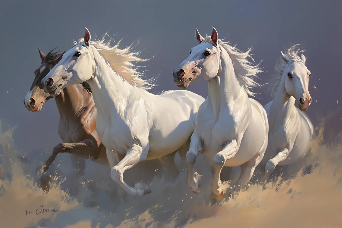 白い馬が走る群れの馬の絵｜白馬を中心とした群れが躍動する馬の絵は、ダイナミックで壮大な印象を与えます。ビジネス写真素材としては協力や力強さの象徴となり、チームワークや未来志向を表現する際に効果的です。