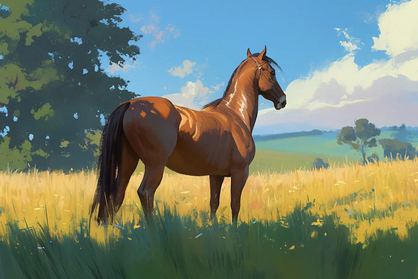 青空の下に立つ茶色の馬の絵｜青空と緑の草原を背景に立つ馬の絵は、開放感と爽やかさを兼ね備えています。ビジネス写真素材として自然や自由をテーマにした場面に活用でき、環境やアウトドア関連のデザインに適しています。