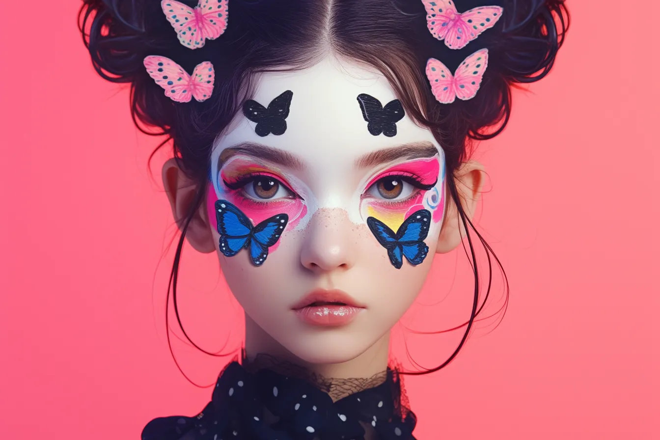 蝶をあしらった少女の顔の絵｜鮮やかな蝶のモチーフが印象的な顔の絵です。華やかで遊び心のあるデザインが特徴で、イベントや美容関連のビジュアル素材として適しています。