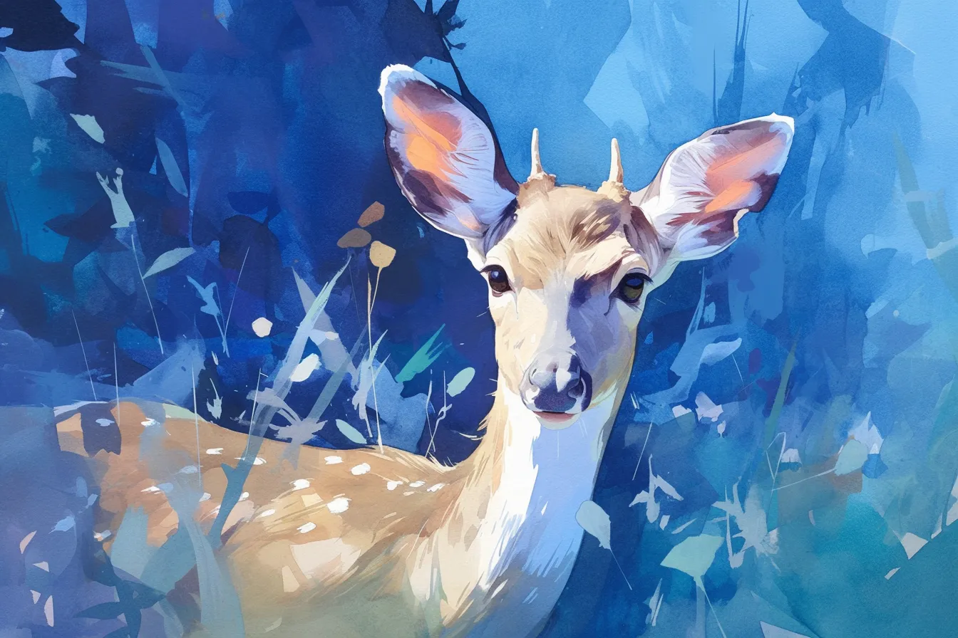 青の背景に映える鹿の絵｜水彩タッチで鮮やかな青の中に描かれた鹿の絵。洗練されたアート感があり、デザイン性の高い広告やクリエイティブ制作に活かしやすい素材です。