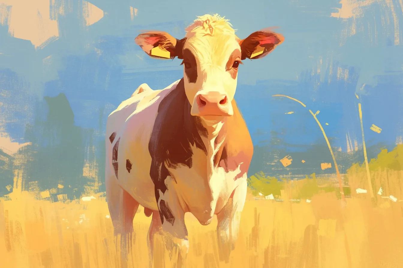 牧場に立つ牛の絵｜柔らかな筆致で描かれた牧場の牛の絵は、自然光を活かした淡い色調が印象的です。明るい風景との調和があり、企業サイトや広告の安心感を伝える素材として活用しやすい一枚です。