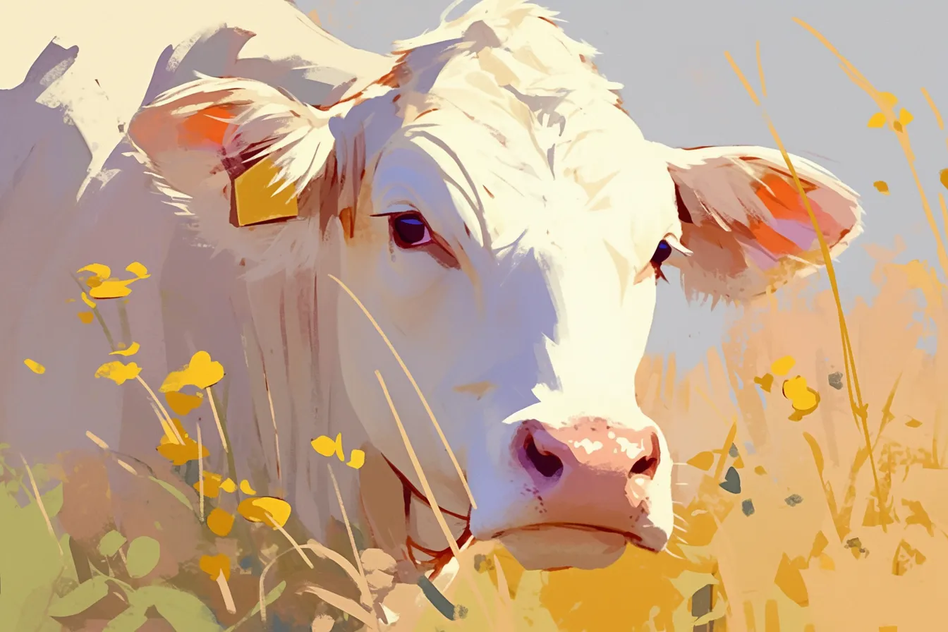 草原に座る牛の絵｜やわらかな光に包まれた草原の牛の絵は、穏やかな表情と優しい色使いが印象的です。ナチュラルで落ち着いた雰囲気を表現しており、環境や食品関連のイメージ素材として使いやすい一枚です。