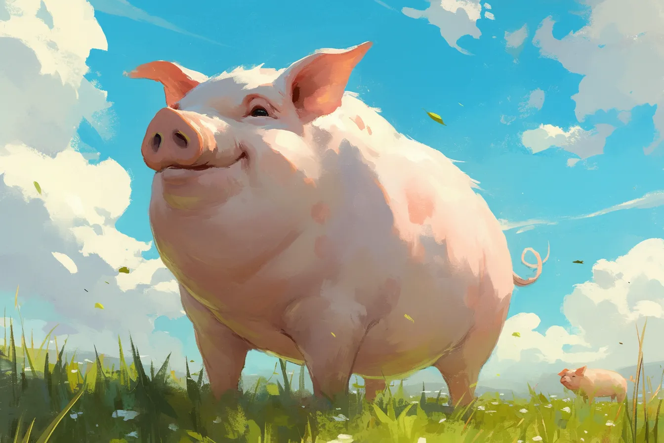 青空の下のブタの絵｜のびのびと草原に立つブタの絵は、自然光の描写が爽快な雰囲気を生み出します。健康的で前向きな印象があり、食品や農業関連のビジネス用途に好適な素材です。