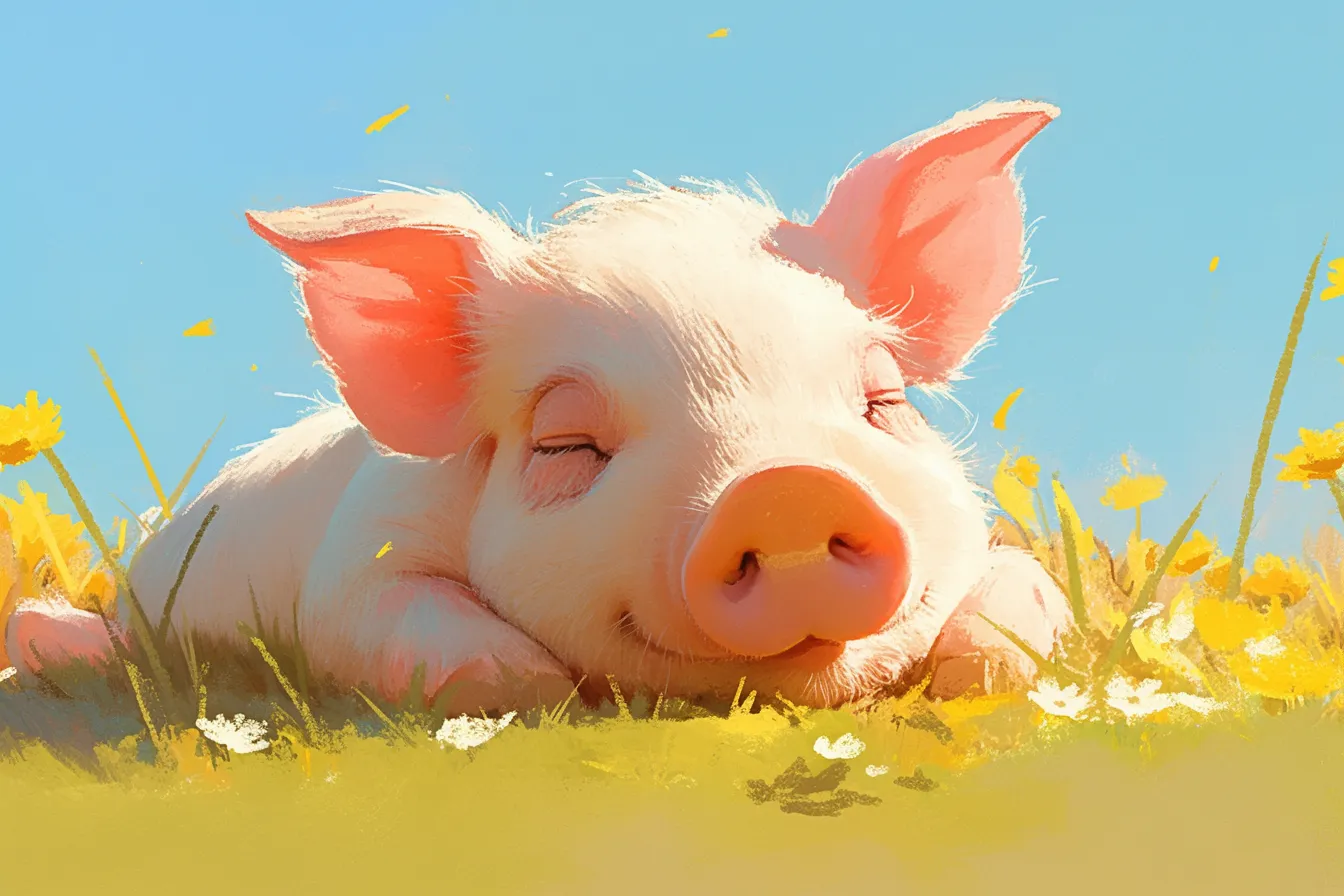 花畑で眠るブタの絵｜穏やかに眠る姿が描かれたブタの絵は、柔らかな色彩と優しいタッチが魅力です。安心感や癒しを表現するのに効果的で、リラクゼーションや生活関連のビジネス素材に向いています。