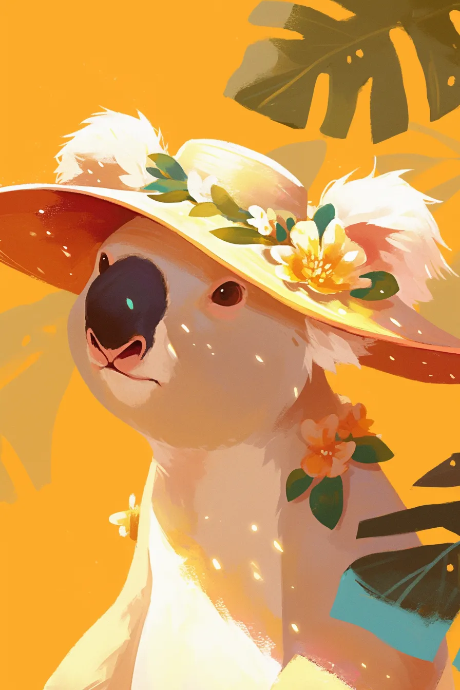 花飾りの帽子をかぶるコアラの絵｜鮮やかな背景に描かれたコアラの絵は、華やかな花飾りの帽子が印象的です。ポップで親しみやすい雰囲気があり、観光やイベント関連のビジネス素材に活用しやすい一枚です。