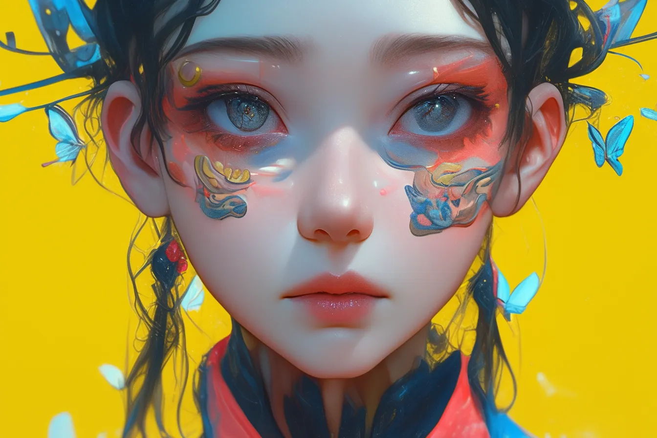 装飾的な少女の顔の絵｜鮮やかな色彩と細部まで描かれた装飾が特徴の顔の絵です。幻想的で独特の世界観があり、広告やクリエイティブな企画に映える素材です。