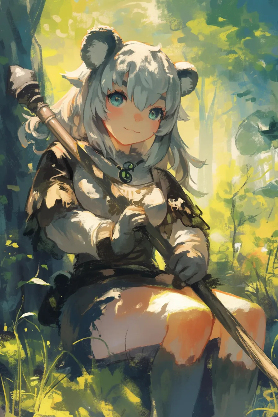 森の中の少女風コアラの絵｜コアラをモチーフにしたキャラクター風の絵は、ファンタジーな雰囲気を演出しています。アニメ調のタッチが特徴で、ゲームやエンタメ関連ビジネスに適した素材です。