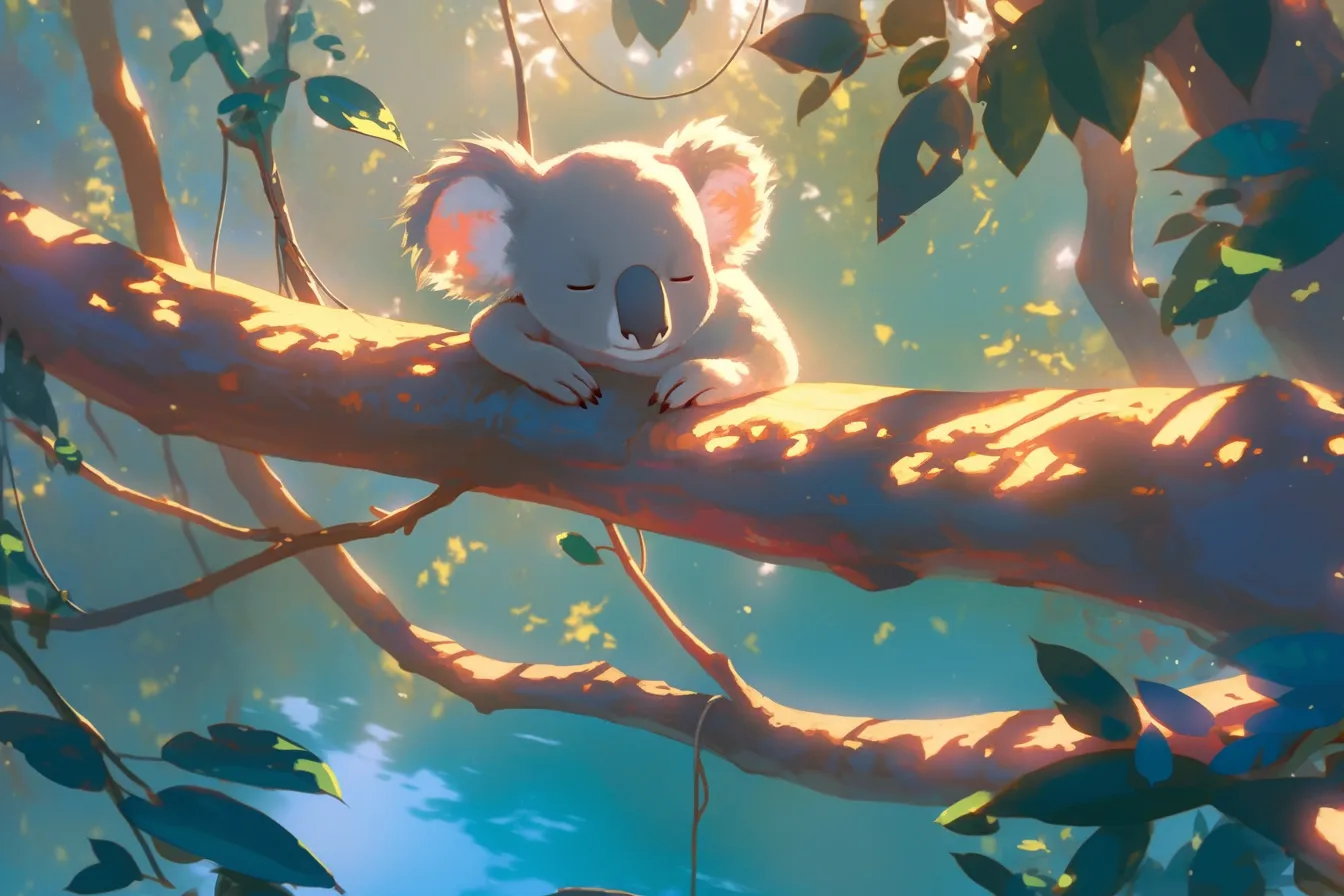 木の上で眠るコアラの絵｜幻想的な光に包まれた眠るコアラの絵は、柔らかい色調で癒しを強調しています。落ち着いた雰囲気があり、リラックスやヒーリング関連のビジネス素材に適しています。