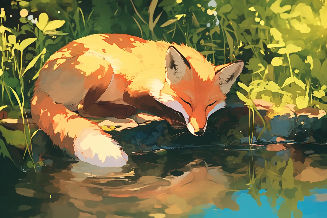 水辺で眠るキツネの絵｜水面に映る姿を繊細に描いたキツネの絵は、静けさと安らぎを表現しています。自然との調和が際立ち、リラクゼーションや環境関連のビジネス用途に適した素材です。