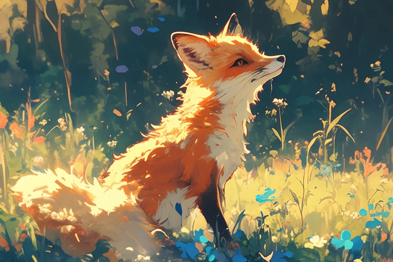 花咲く森に立つキツネの絵｜光を浴びながら描かれたキツネの絵は、柔らかな色合いと幻想的な雰囲気が特徴です。癒しと物語性を感じさせ、エンタメや教育関連のビジネス素材に活用できます。