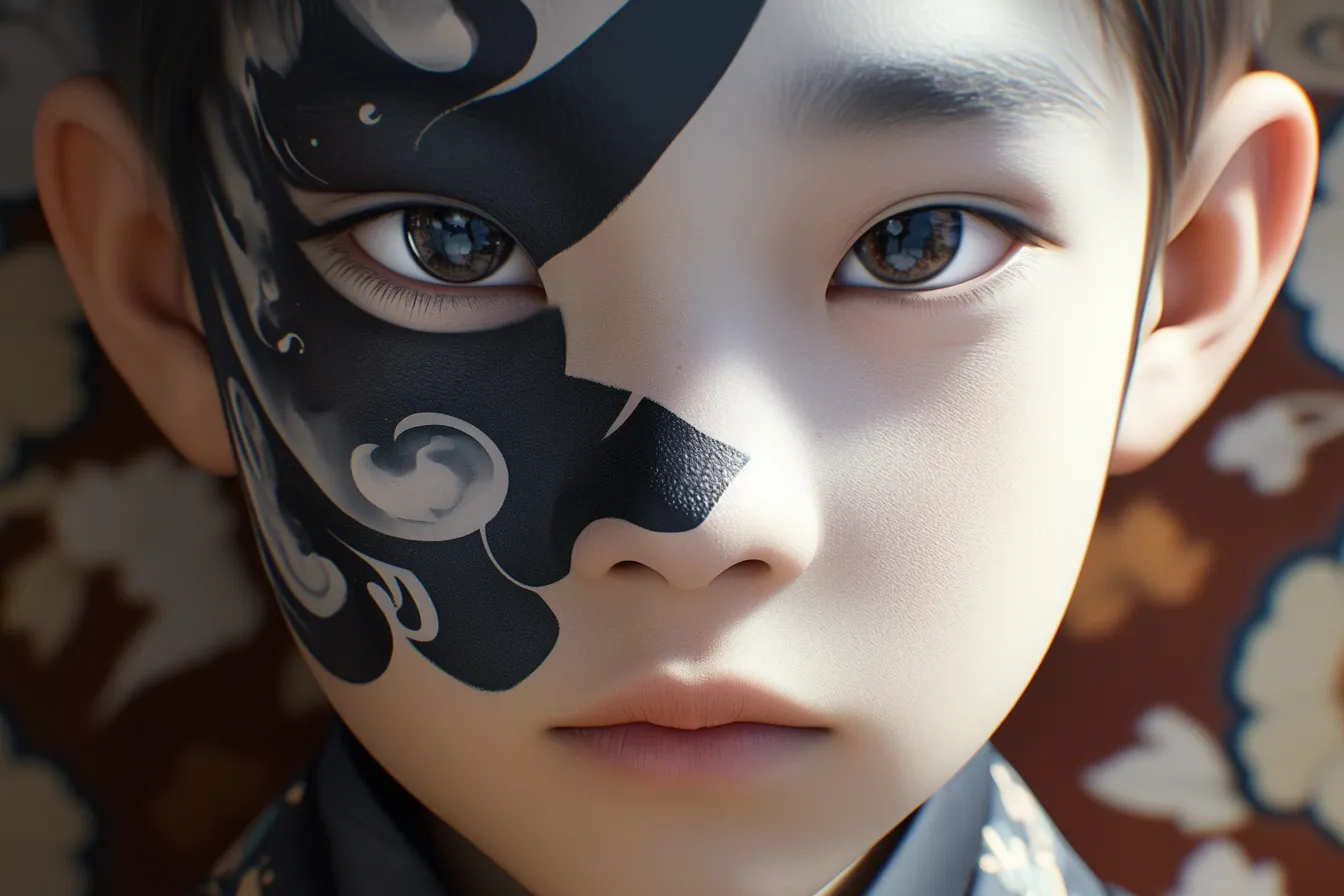 黒い模様を持つ子供の顔の絵｜白い肌と黒い模様のコントラストが際立つ顔の絵です。繊細なタッチと不思議な雰囲気が特徴で、アート性の高いビジネス素材として活用可能です。