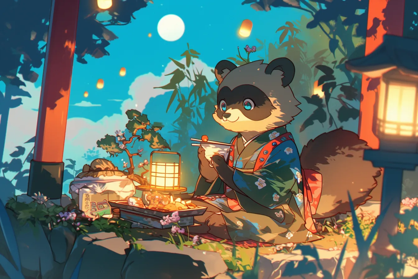 月夜に食事を楽しむタヌキの絵｜月明かりと灯籠に照らされるタヌキの絵は、幻想的で親しみやすい雰囲気を表現しています。和風の演出が際立ち、飲食業や観光関連のビジネス素材に適しています。