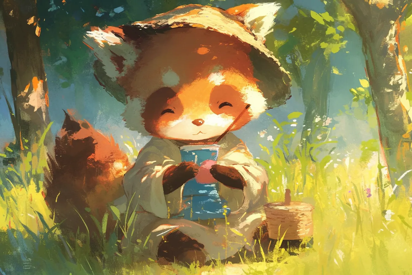 編み物をするタヌキの絵｜明るく柔らかなタッチで描かれたタヌキの絵は、のどかで温かい暮らしの印象を伝えます。ライフスタイルや教育関連、リラクゼーション用途のビジネス素材として効果的です。